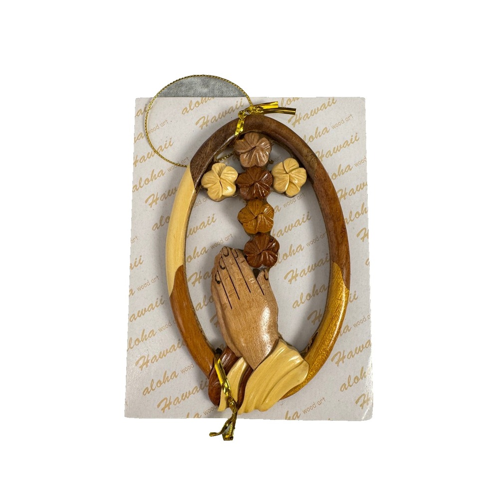 Handcrafted All Natural Wood Praying Hands Plumeria Cross Christmas Ornament